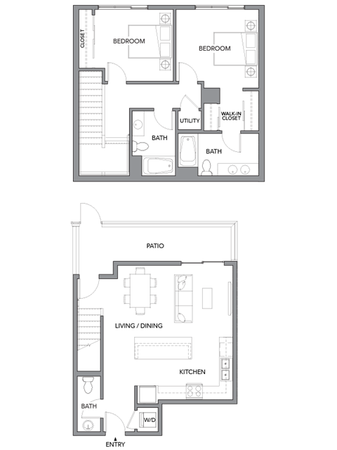 Floor plan for 2 beds, 2.5 baths, 1270 sqft